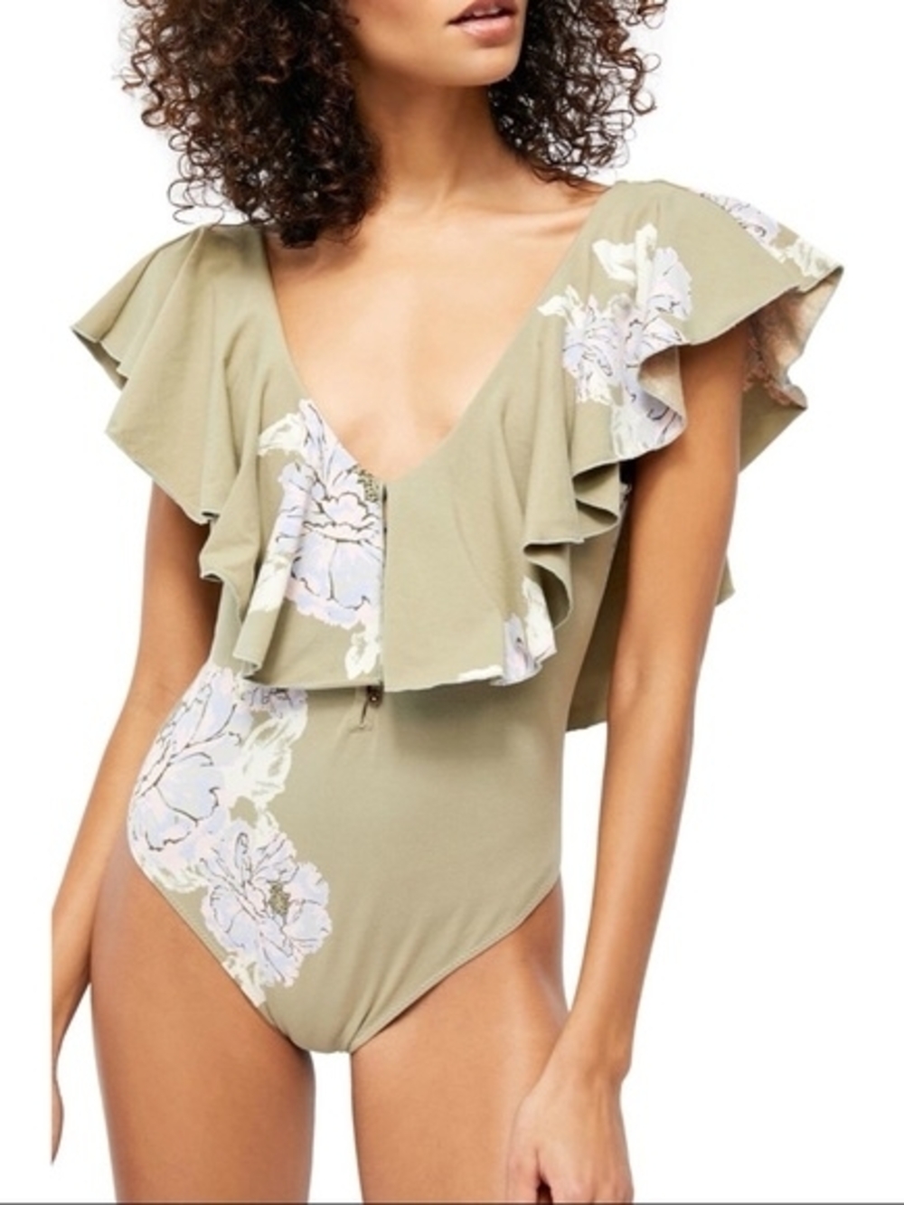 Ruffled Floral One-Piece Swimsuit - Olive